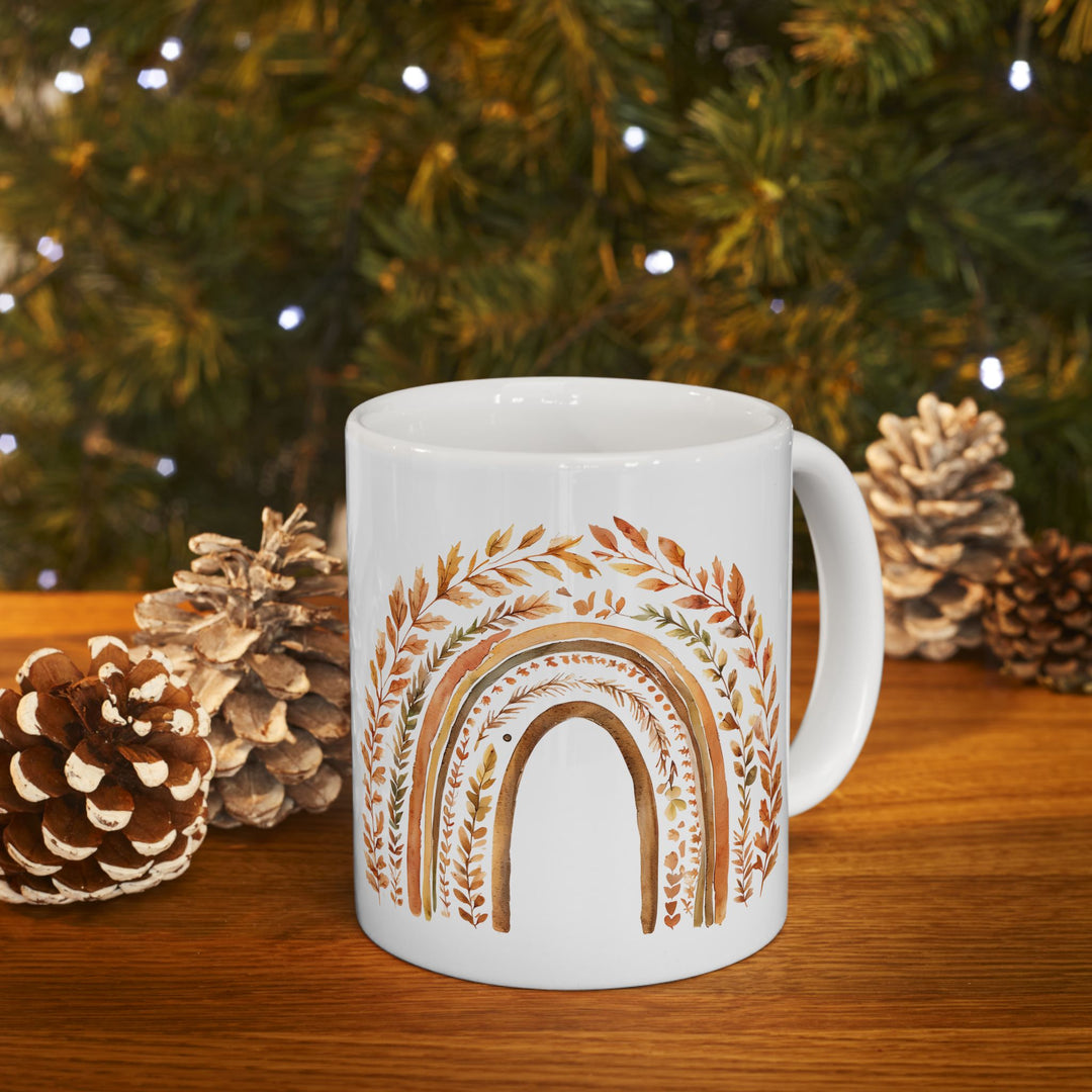 Boho Fall Rainbow Mug with Autumn Leaves – Earth Tone Seasonal Coffee Cup- Ten & Timber