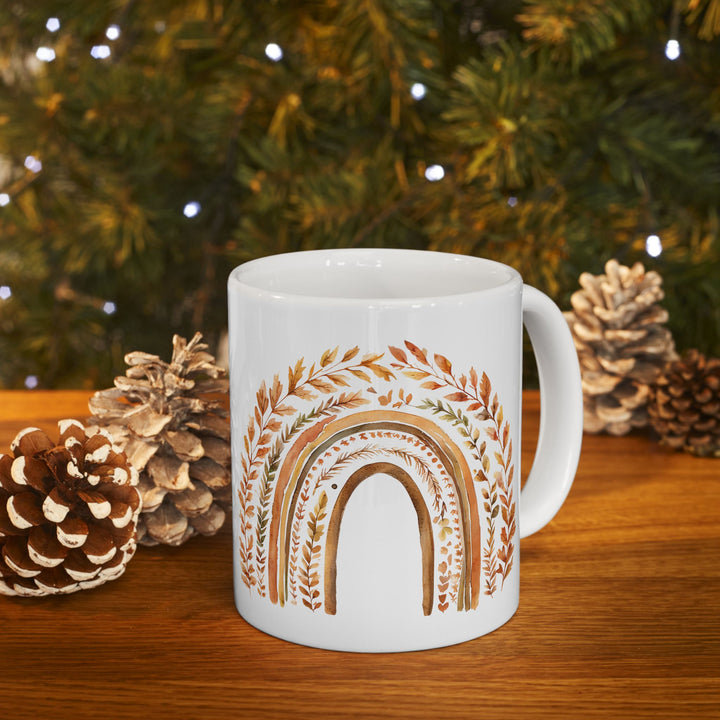 Boho Fall Rainbow Mug with Autumn Leaves – Earth Tone Seasonal Coffee Cup- Ten & Timber