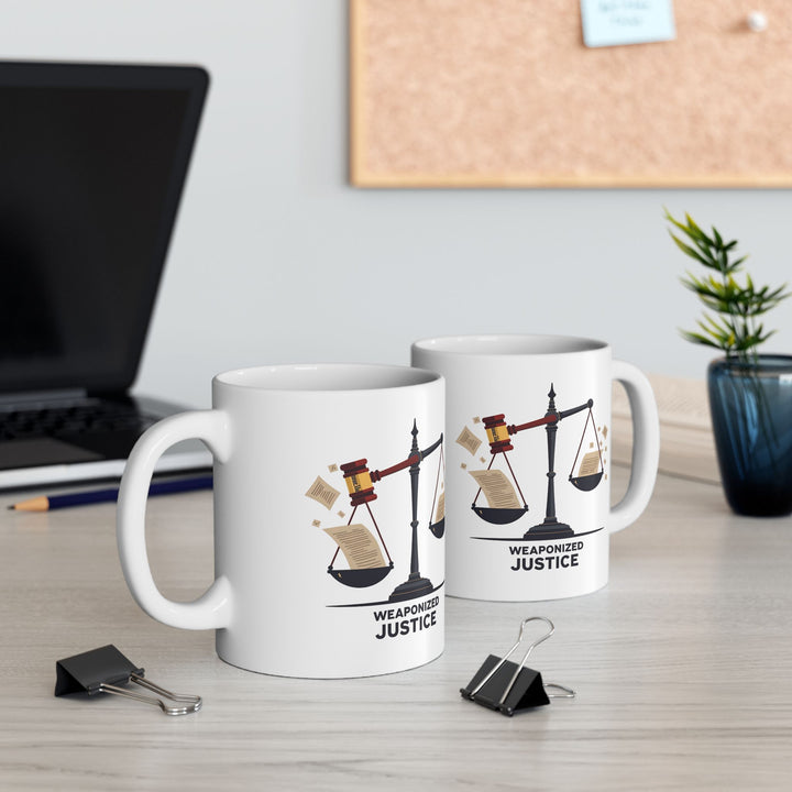 Weaponized Justice Mug Political Satire Coffee Cup, Scales of Justice Gavel Design, Free Speech & Democracy Gift- Ten & Timber