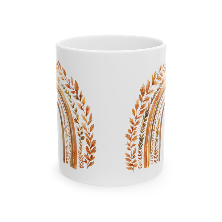 Boho Fall Rainbow Mug with Autumn Leaves – Earth Tone Seasonal Coffee Cup