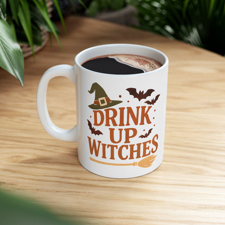 Drink Up Witche Halloween Coffee Mug with Witch Hat, Bats & Broom Design- Ten & Timber