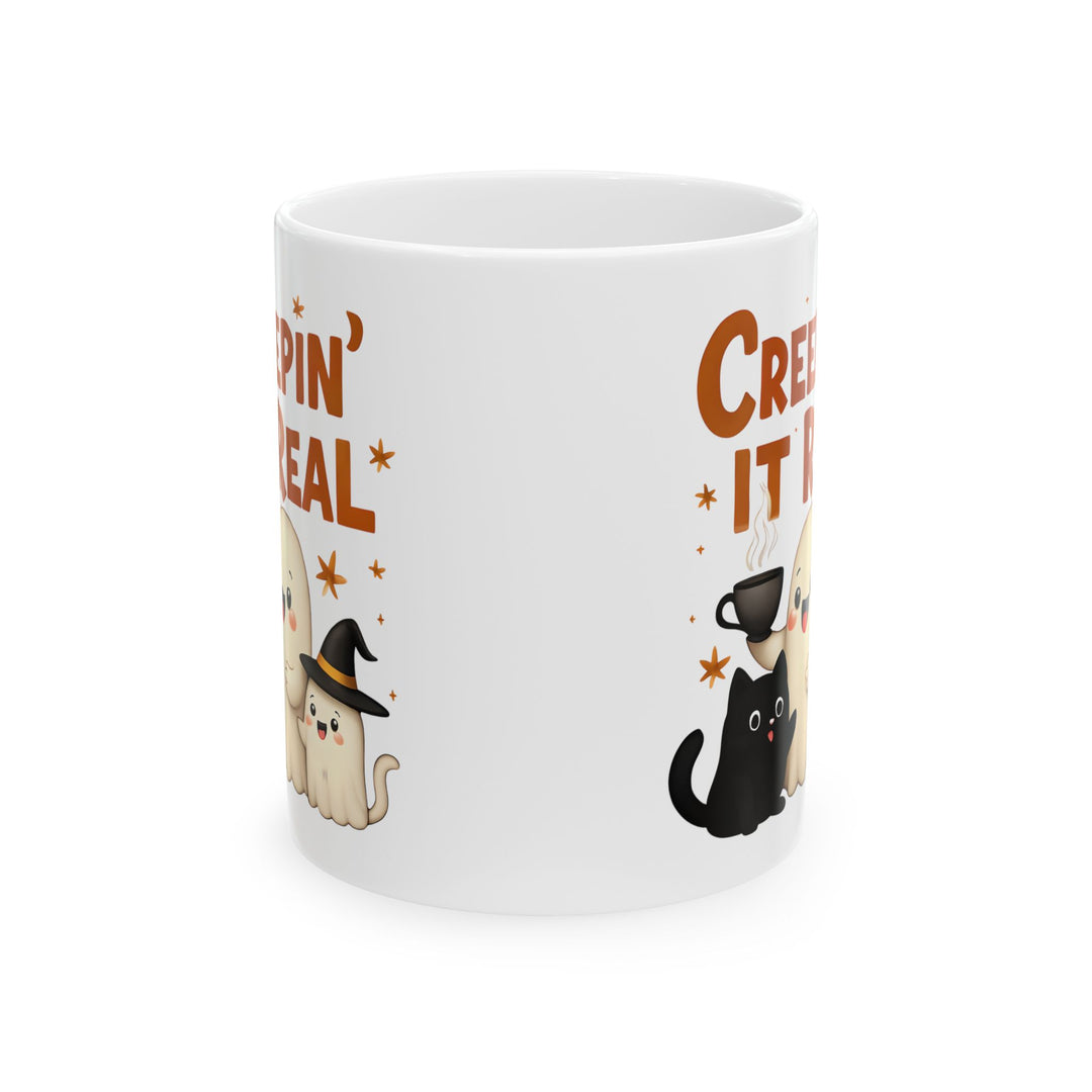 Creepin It Real Mug Cute Ghost, Cat and Pumpkin Coffee Cup Funny Halloween Fall Drinkware