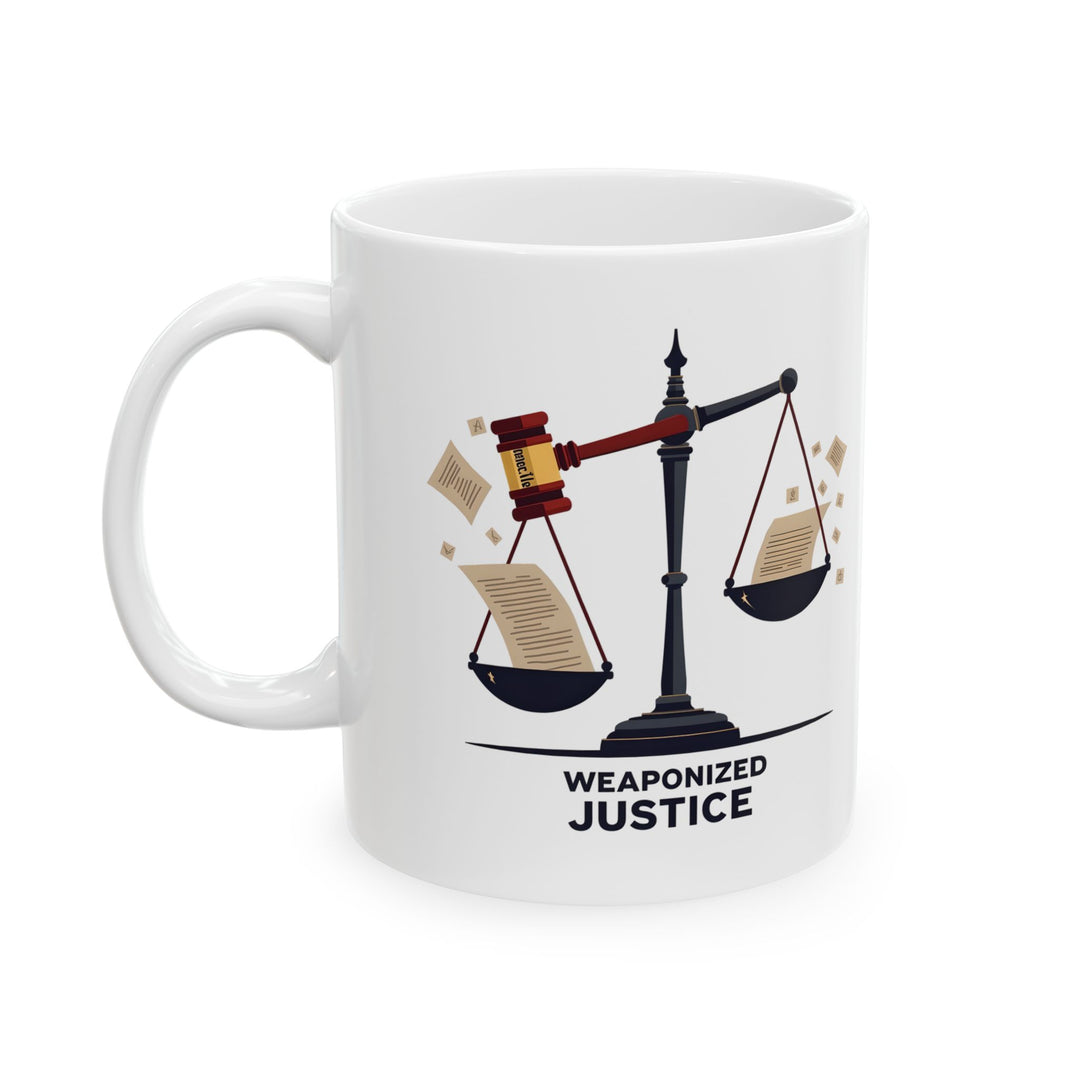 Weaponized Justice Mug Political Satire Coffee Cup, Scales of Justice Gavel Design, Free Speech & Democracy Gift- Ten & Timber