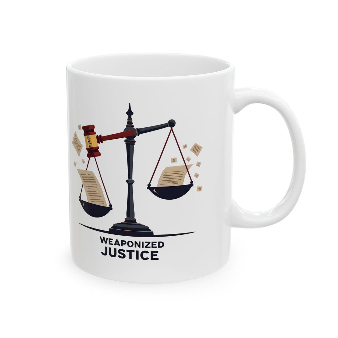Weaponized Justice Mug Political Satire Coffee Cup, Scales of Justice Gavel Design, Free Speech & Democracy Gift- Ten & Timber