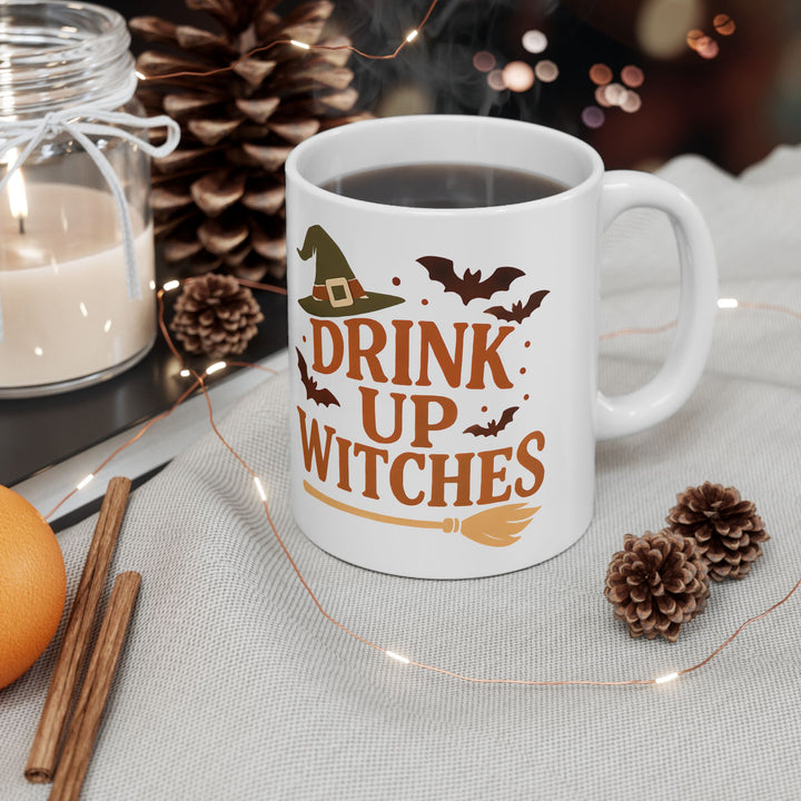 Drink Up Witche Halloween Coffee Mug with Witch Hat, Bats & Broom Design- Ten & Timber