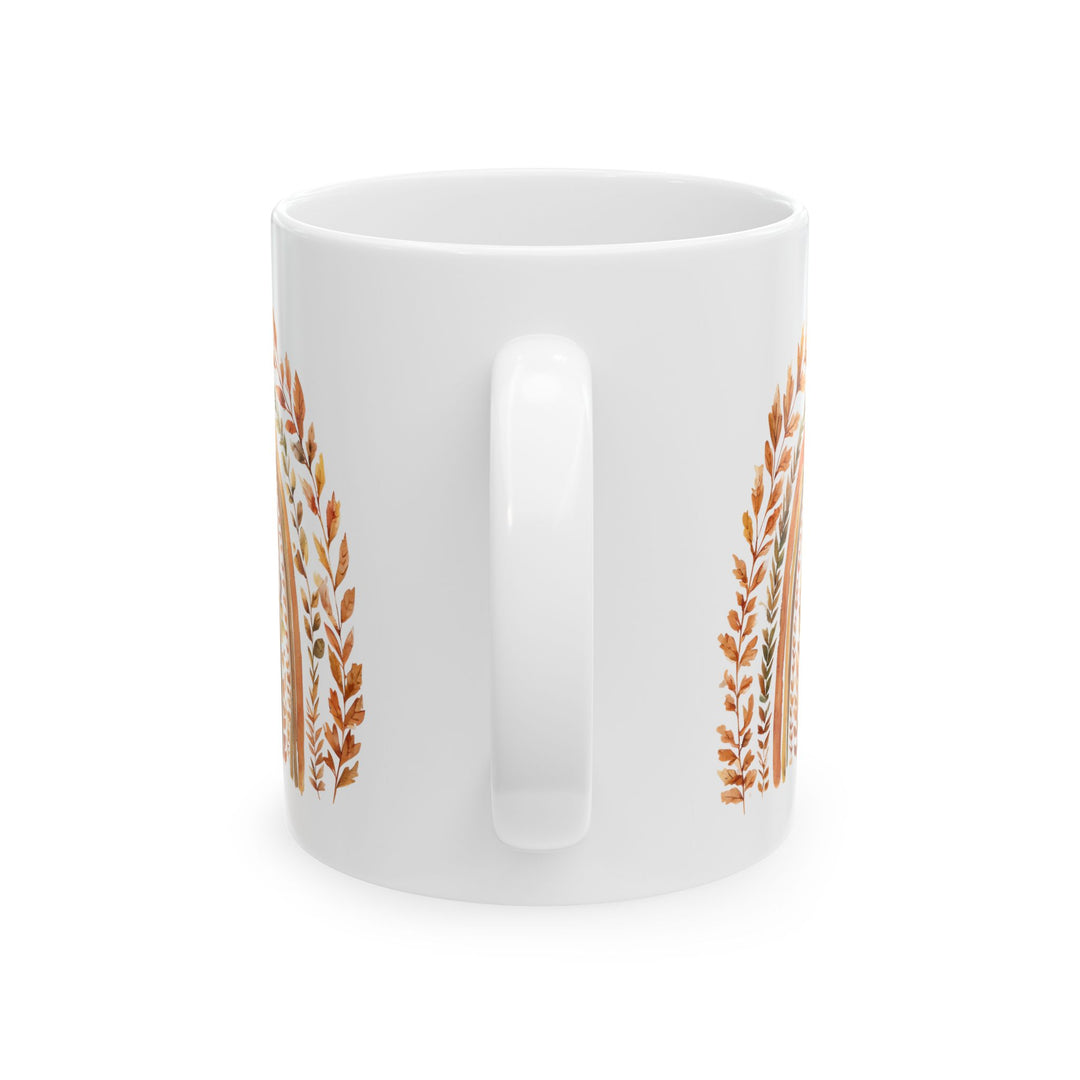 Boho Fall Rainbow Mug with Autumn Leaves – Earth Tone Seasonal Coffee Cup