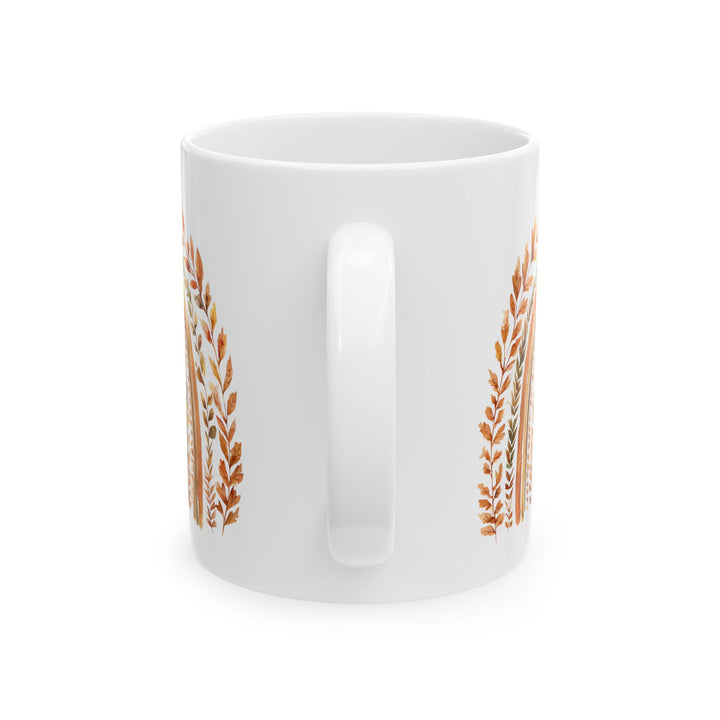 Boho Fall Rainbow Mug with Autumn Leaves – Earth Tone Seasonal Coffee Cup