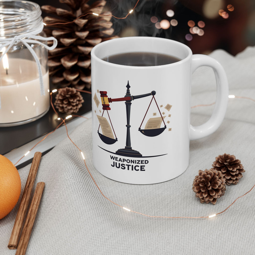 Weaponized Justice Mug Political Satire Coffee Cup, Scales of Justice Gavel Design, Free Speech & Democracy Gift- Ten & Timber
