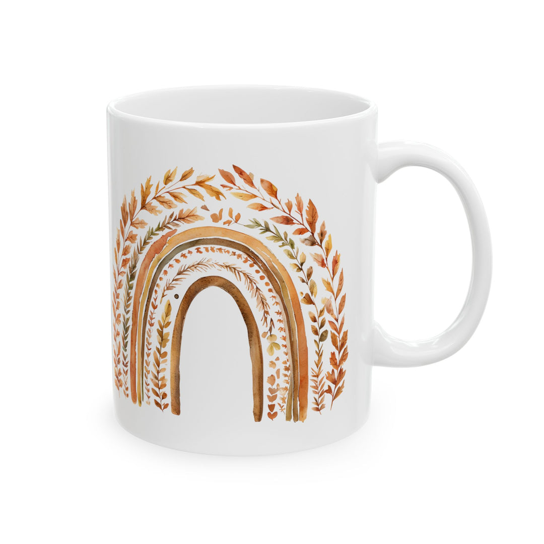 Boho Fall Rainbow Mug with Autumn Leaves – Earth Tone Seasonal Coffee Cup- Ten & Timber