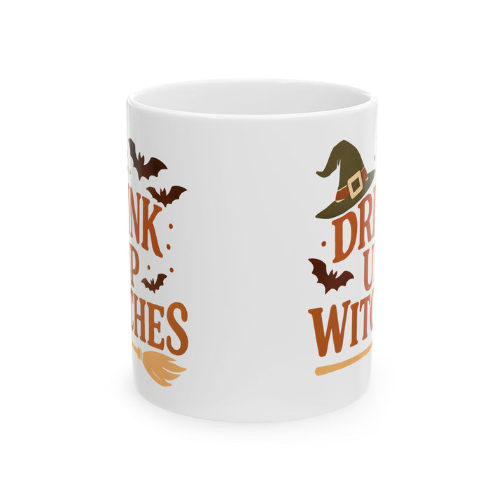 Drink Up Witche Halloween Coffee Mug with Witch Hat, Bats & Broom Design