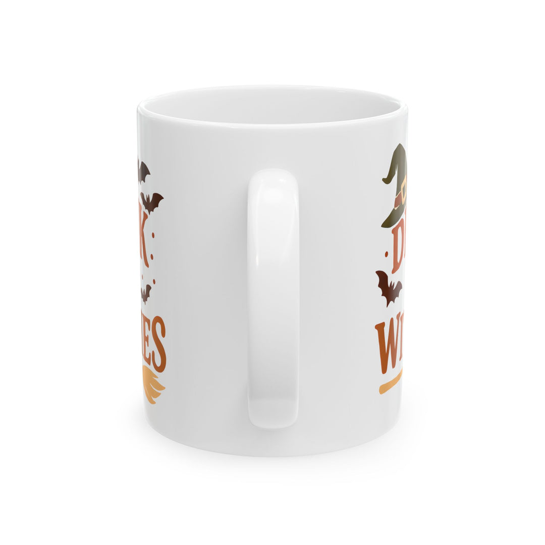 Drink Up Witche Halloween Coffee Mug with Witch Hat, Bats & Broom Design