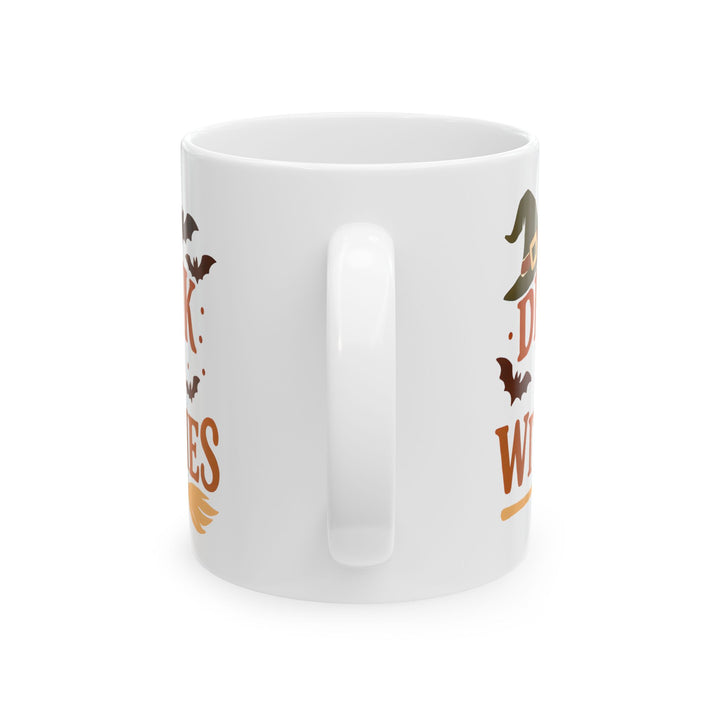Drink Up Witche Halloween Coffee Mug with Witch Hat, Bats & Broom Design