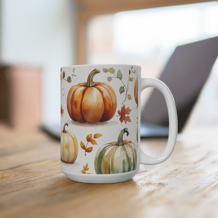 Pumpkin Patch Mug Fall Watercolor Pumpkin Coffee Cup, Autumn Mug with Leaves, Cozy Farmhouse Drinkware, Thanksgiving Gift- Ten & Timber