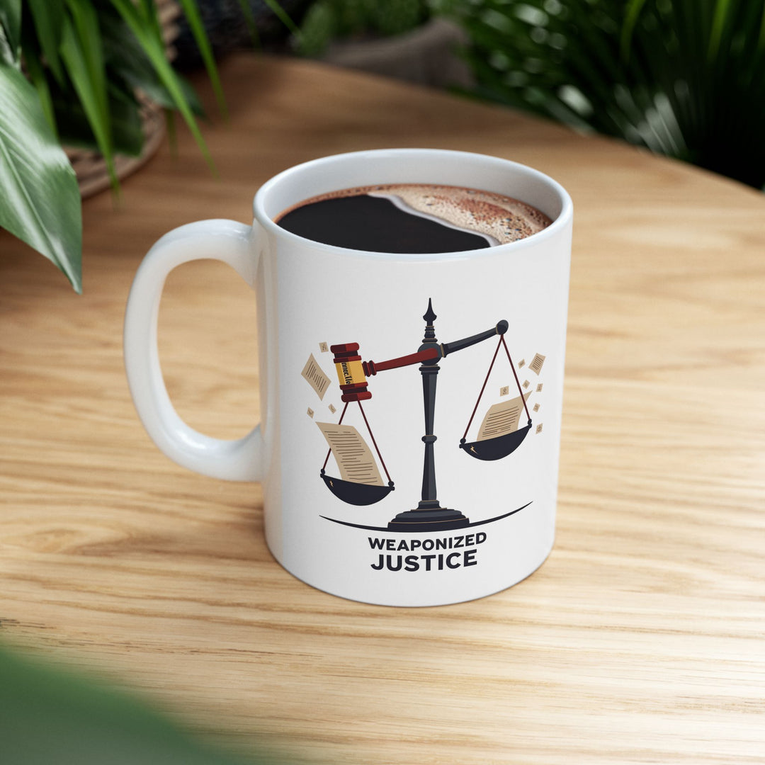 Weaponized Justice Mug Political Satire Coffee Cup, Scales of Justice Gavel Design, Free Speech & Democracy Gift- Ten & Timber