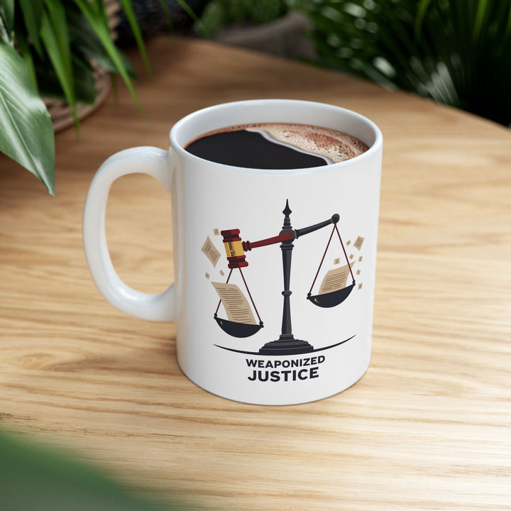 Weaponized Justice Mug Political Satire Coffee Cup, Scales of Justice Gavel Design, Free Speech & Democracy Gift- Ten & Timber