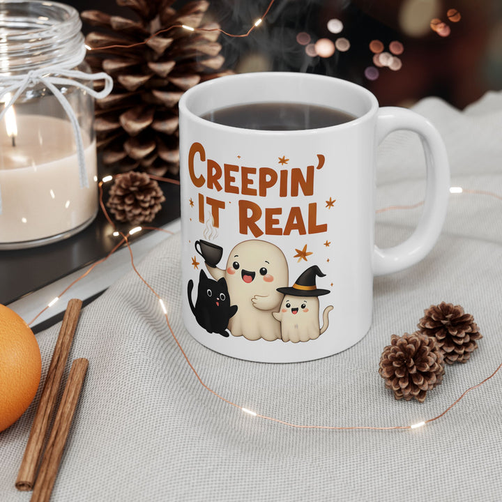 Creepin It Real Mug Cute Ghost, Cat and Pumpkin Coffee Cup Funny Halloween Fall Drinkware- Ten & Timber
