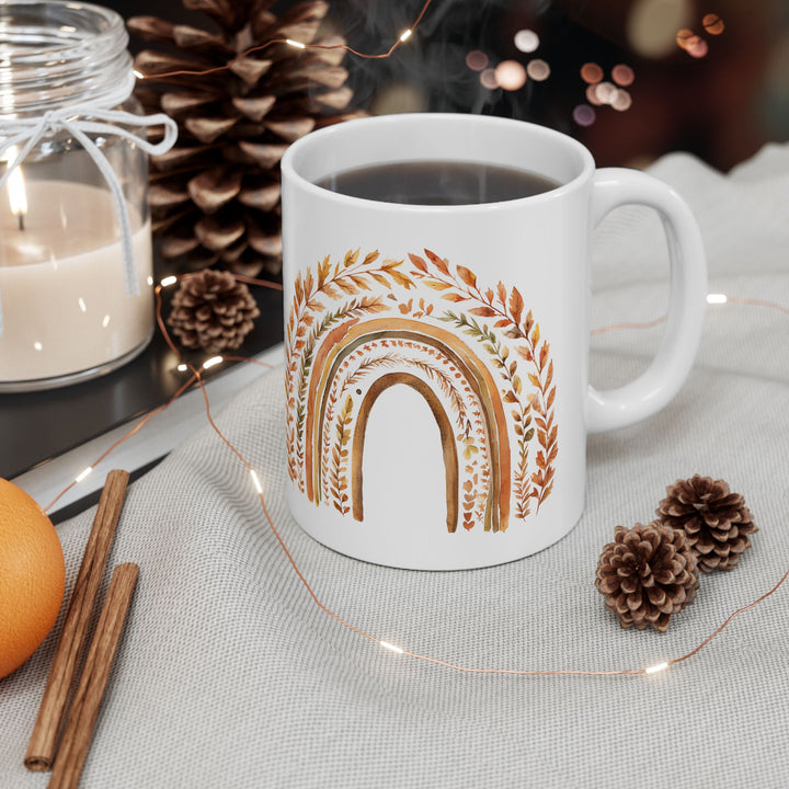 Boho Fall Rainbow Mug with Autumn Leaves – Earth Tone Seasonal Coffee Cup- Ten & Timber