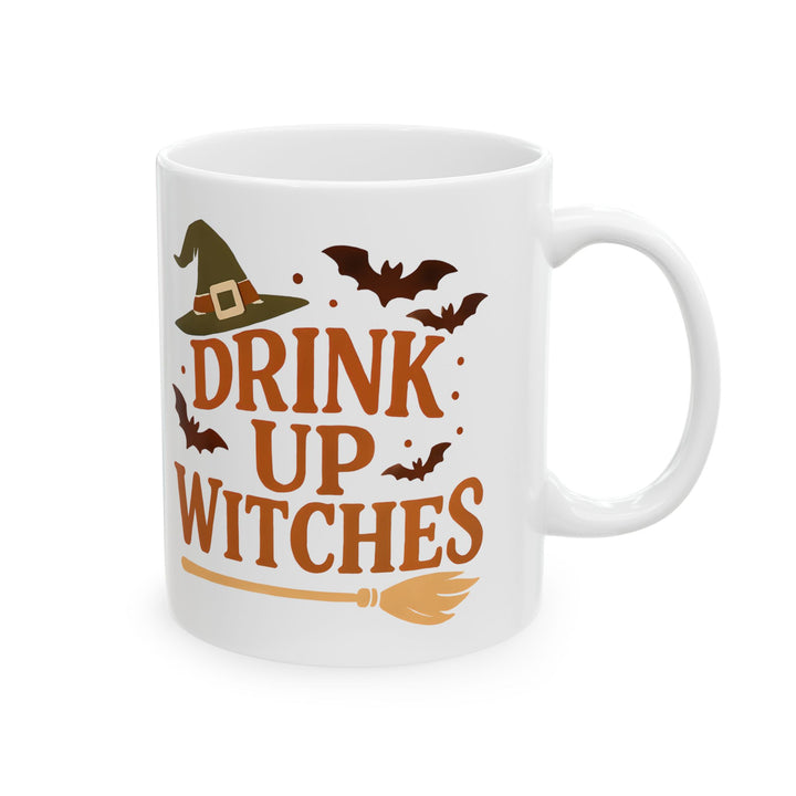 Drink Up Witche Halloween Coffee Mug with Witch Hat, Bats & Broom Design