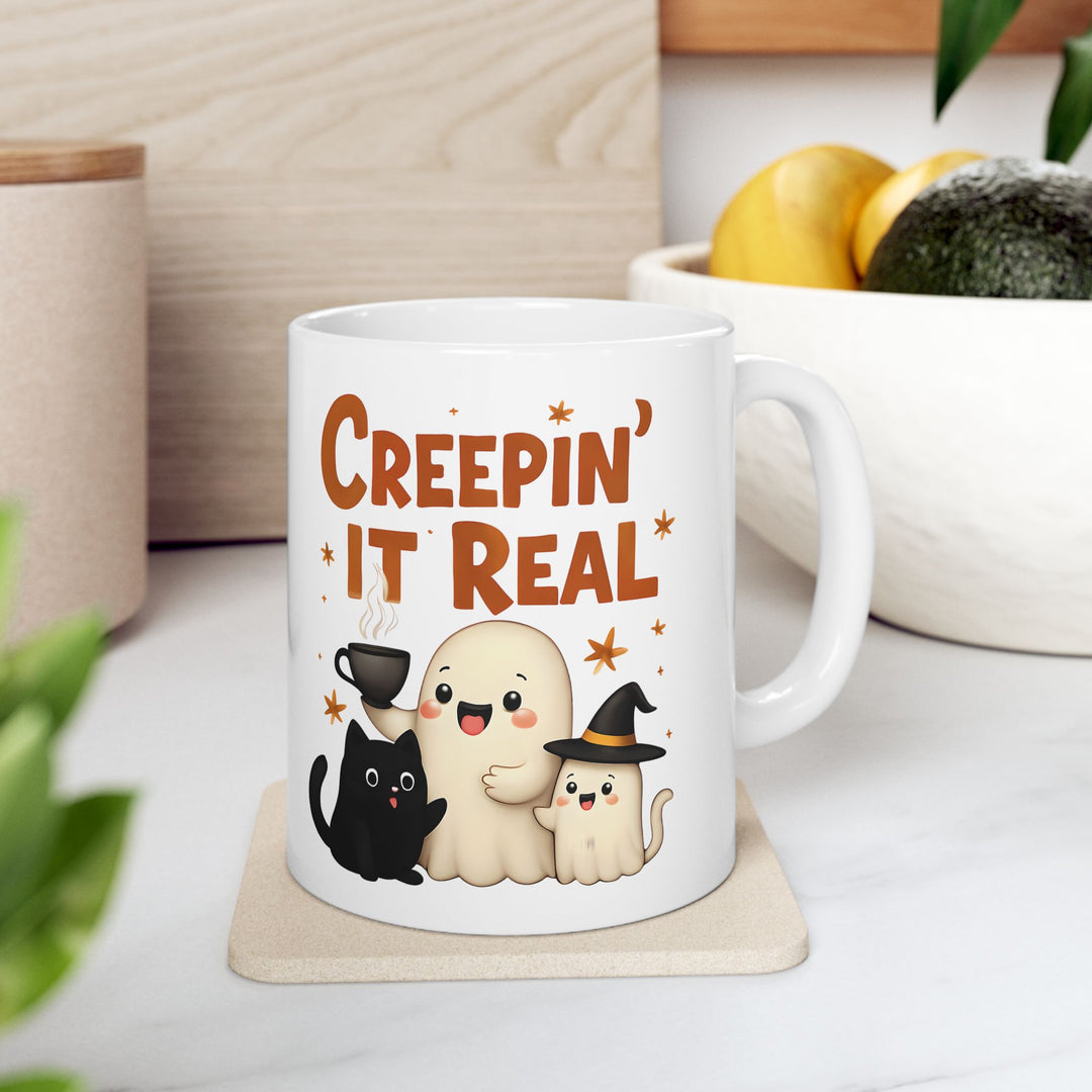 Creepin It Real Mug Cute Ghost, Cat and Pumpkin Coffee Cup Funny Halloween Fall Drinkware- Ten & Timber