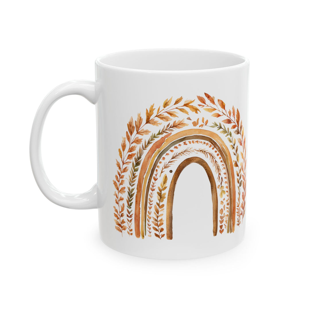 Boho Fall Rainbow Mug with Autumn Leaves – Earth Tone Seasonal Coffee Cup- Ten & Timber