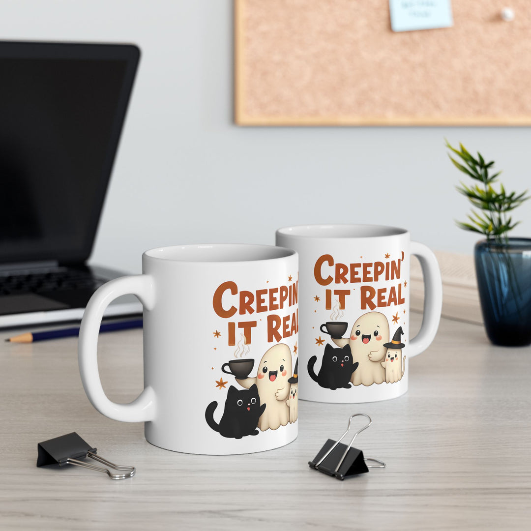 Creepin It Real Mug Cute Ghost, Cat and Pumpkin Coffee Cup Funny Halloween Fall Drinkware- Ten & Timber