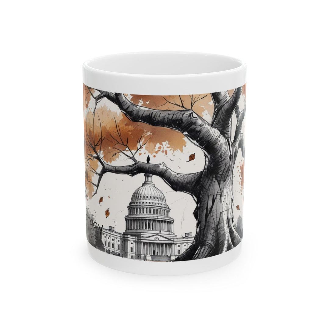 Fall of Democracy Mug Political Satire Coffee Cup, U.S. Capitol Autumn Protest Design, Democracy Awareness Gift- Ten & Timber