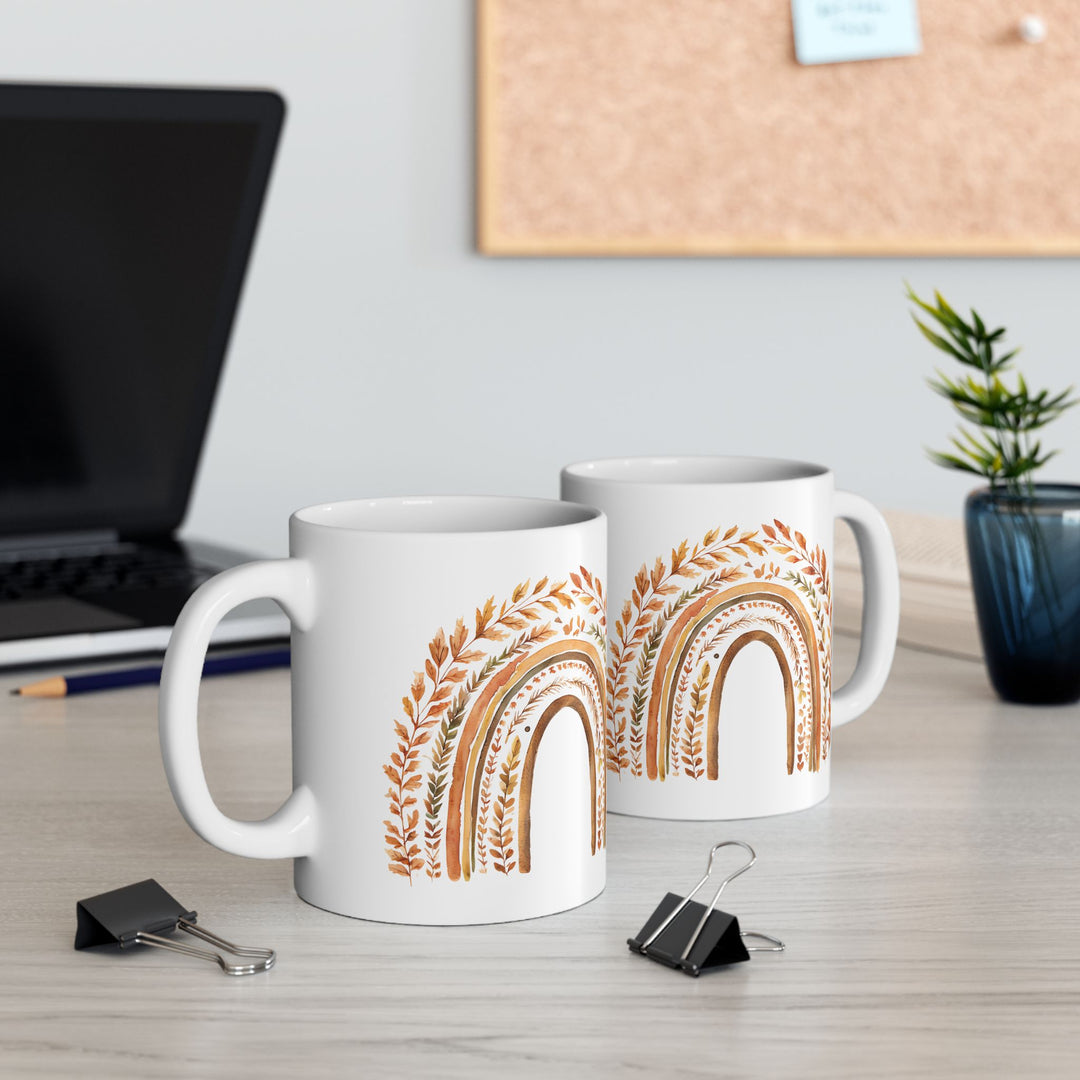 Boho Fall Rainbow Mug with Autumn Leaves – Earth Tone Seasonal Coffee Cup- Ten & Timber
