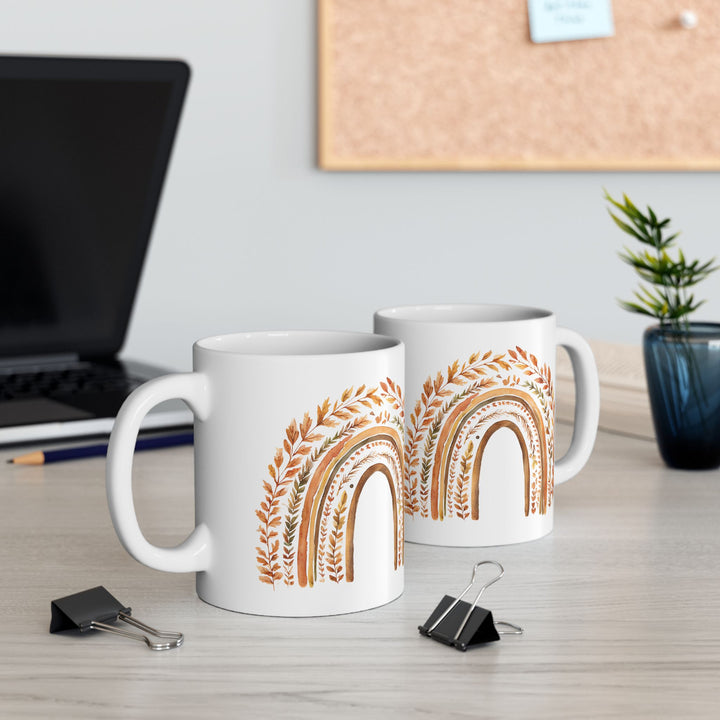 Boho Fall Rainbow Mug with Autumn Leaves – Earth Tone Seasonal Coffee Cup- Ten & Timber