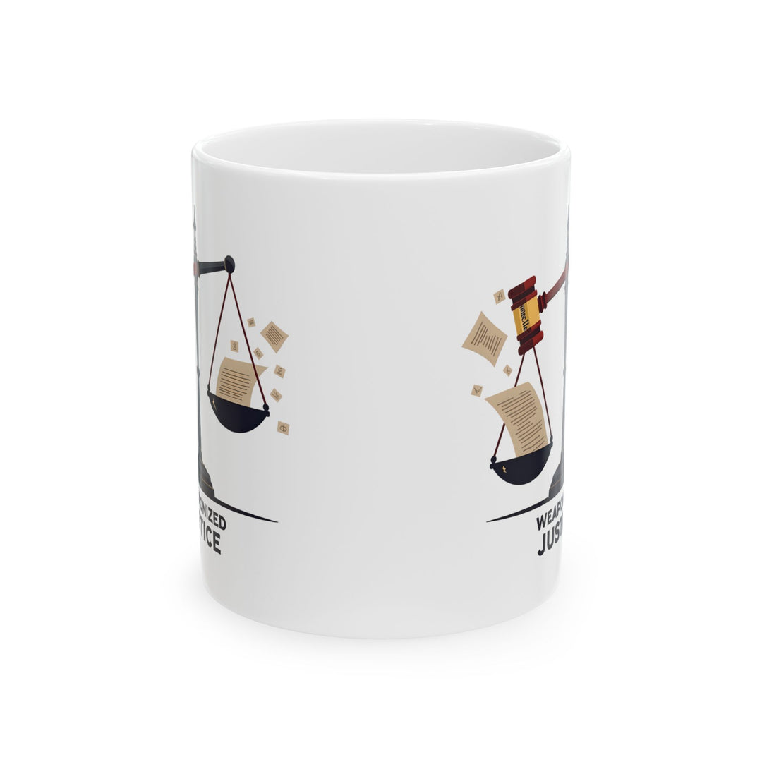 Weaponized Justice Mug Political Satire Coffee Cup, Scales of Justice Gavel Design, Free Speech & Democracy Gift