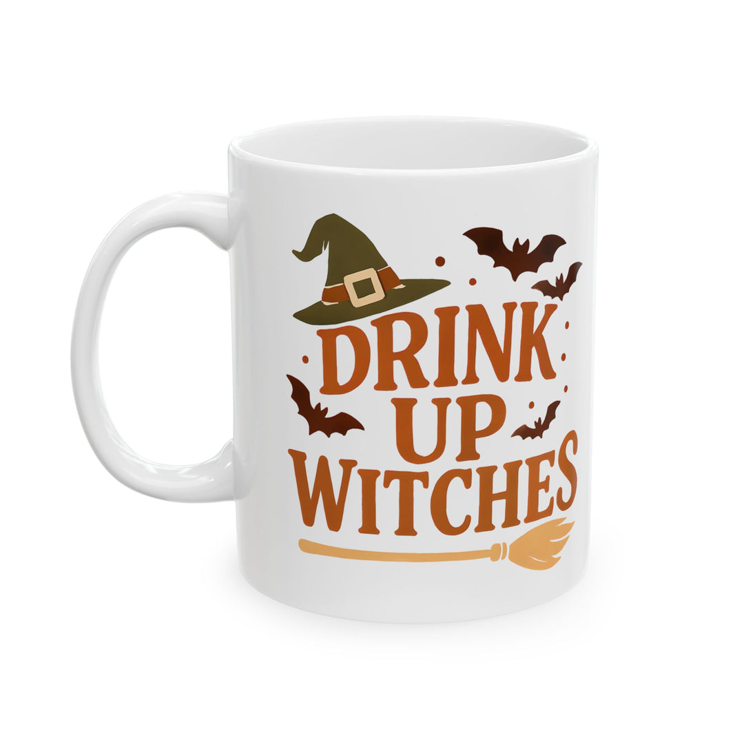 Drink Up Witche Halloween Coffee Mug with Witch Hat, Bats & Broom Design- Ten & Timber
